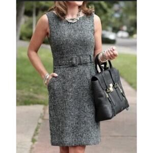 Banana Republic Dress Size 2 Black Gray Tweed Sheath Belted Pockets Sleeveless